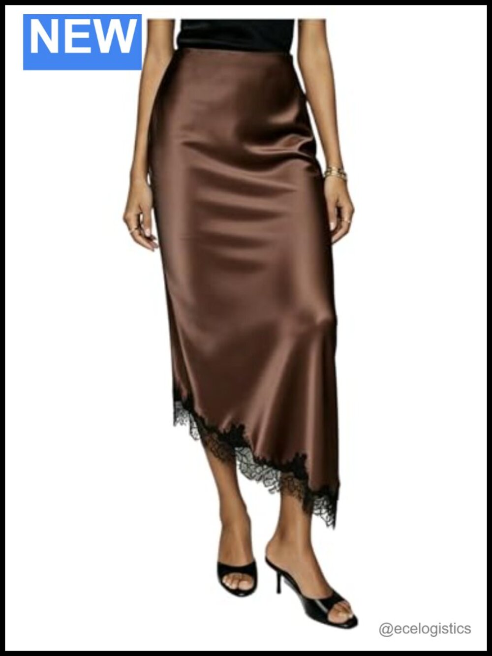 Satin Midi Skirt High Waisted Lace Asymmetric Hem Summer Going Out